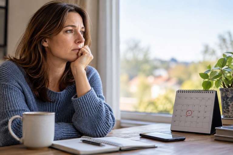 Woman sitting thoughtfully beside a calendar, worrying about an upcoming event, illustrating anticipatory anxiety.